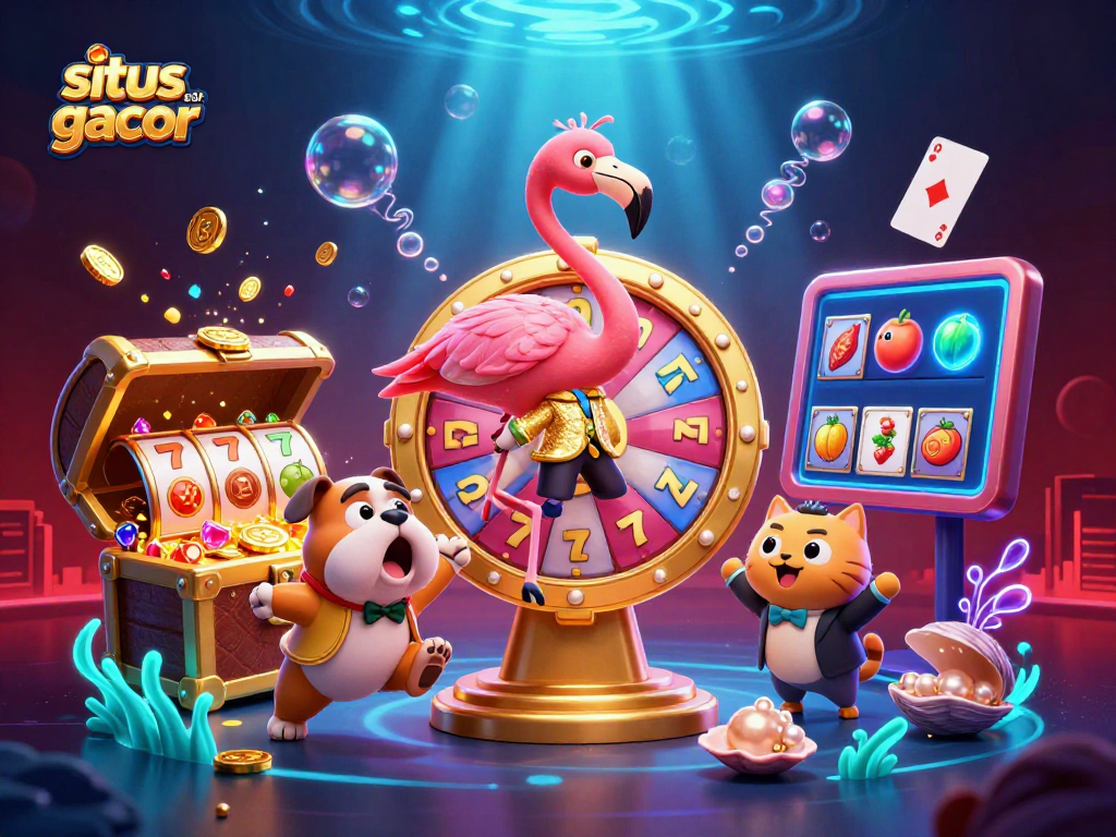 Spin the golden prize wheel with situs slot gacor as the energetic flamingo host and excited bulldog contestant shine.