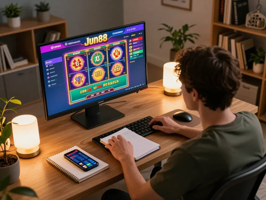 Player exploring Jun88's online casino with engaging games and strategies in a cozy gaming setup.