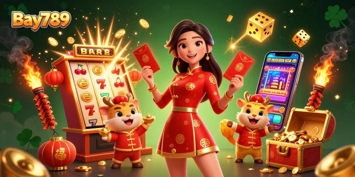 Experience the thrill of Bay789 with a vibrant casino scene showcasing joyful characters celebrating luck and prosperity.