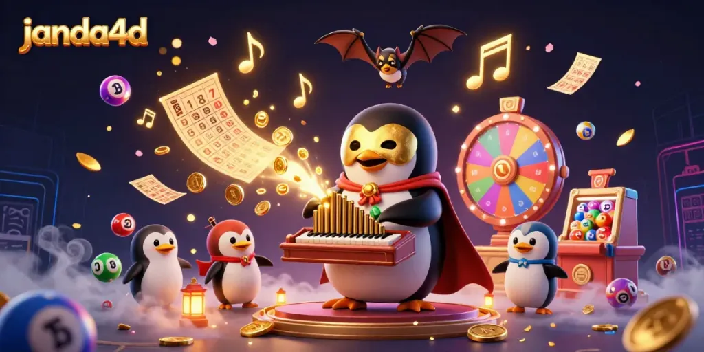 Permainan menarik di janda4d dengan penguin setengah topeng emas, organ pipa, dan semua elemen kasino.