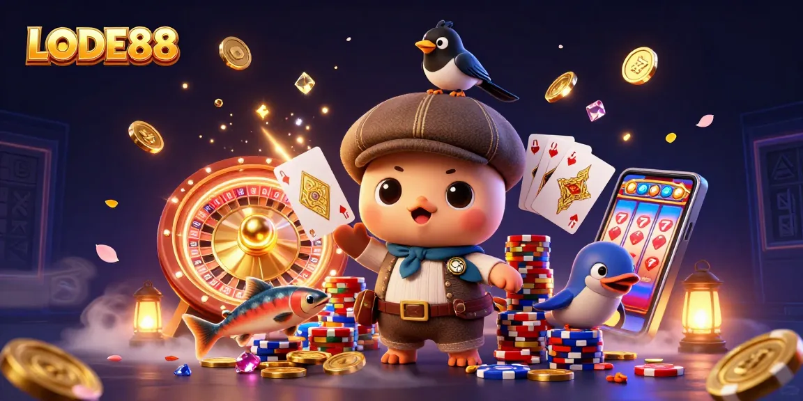 Experience LODE88 with a lively scene of a playful baby Nessie among vibrant casino elements and gold coins.
