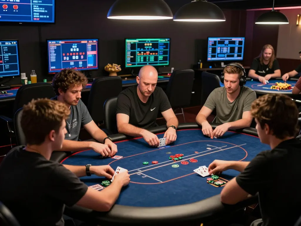 GO88 players strategizing during an online poker game, engaging and focused atmosphere with multiple screens.