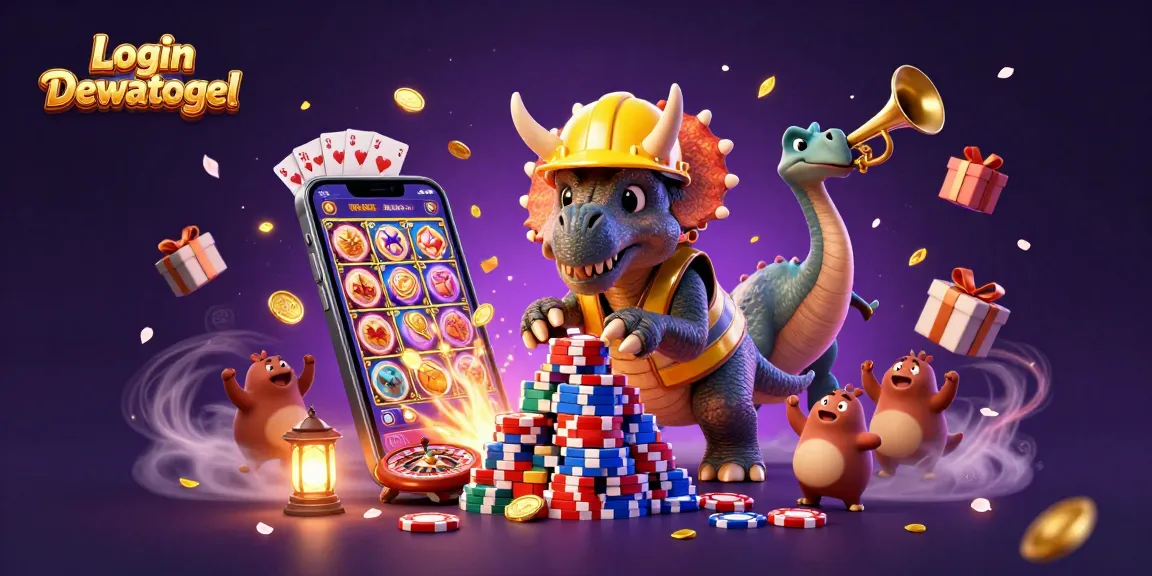 Login Dewatogel showcases a colorful and rewarding slot experience through vibrant 3D elements.