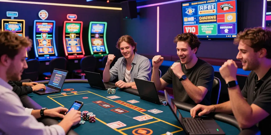 Experience the excitement of credit card casinos UK with players enjoying games and vibrant casino decor.