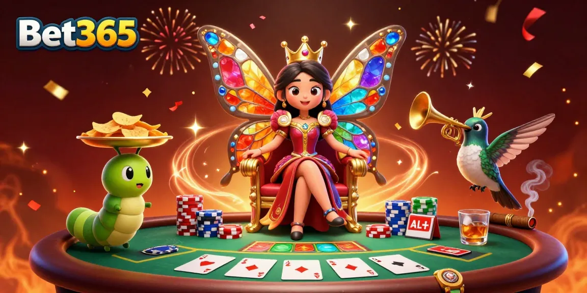 Bet365 players enjoying a vibrant poker scene with a butterfly queen and colorful chips.