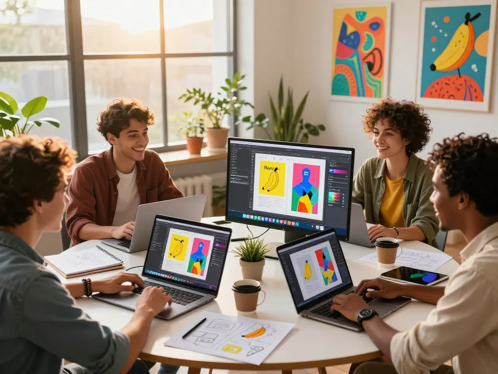 Creators collaborating on Nano Banana AI image editing tools, vibrant workspace with digital designs.
