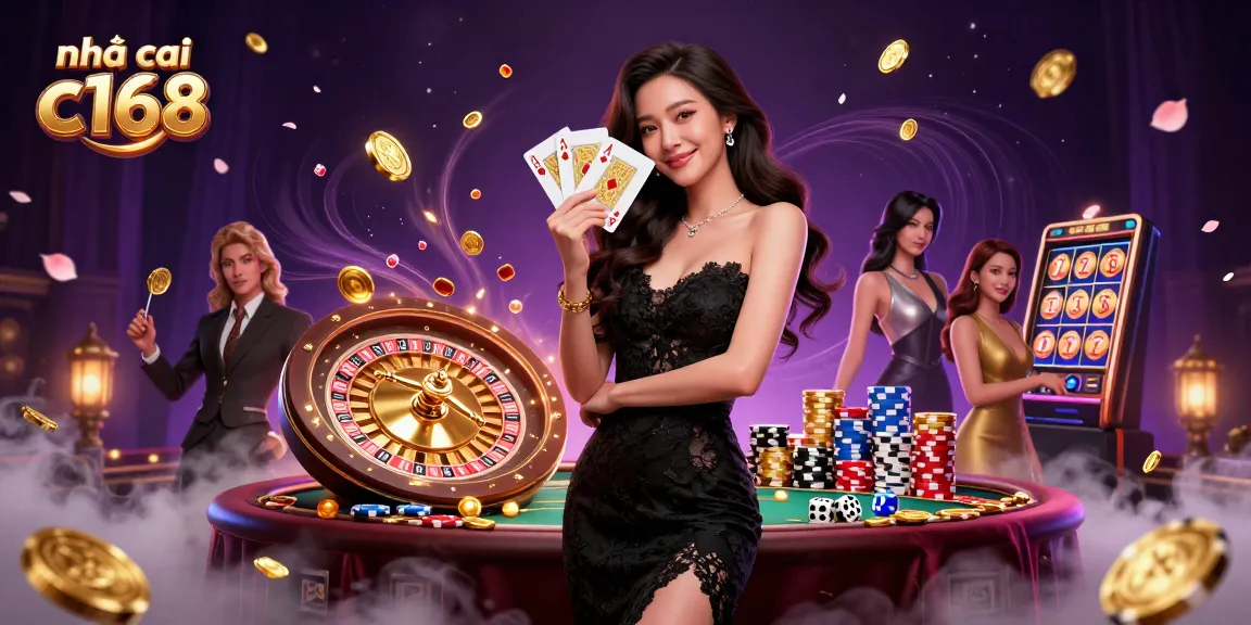 Experience thrilling moments at nhà cái c168 with an elegant Asian dealer holding royal cards.