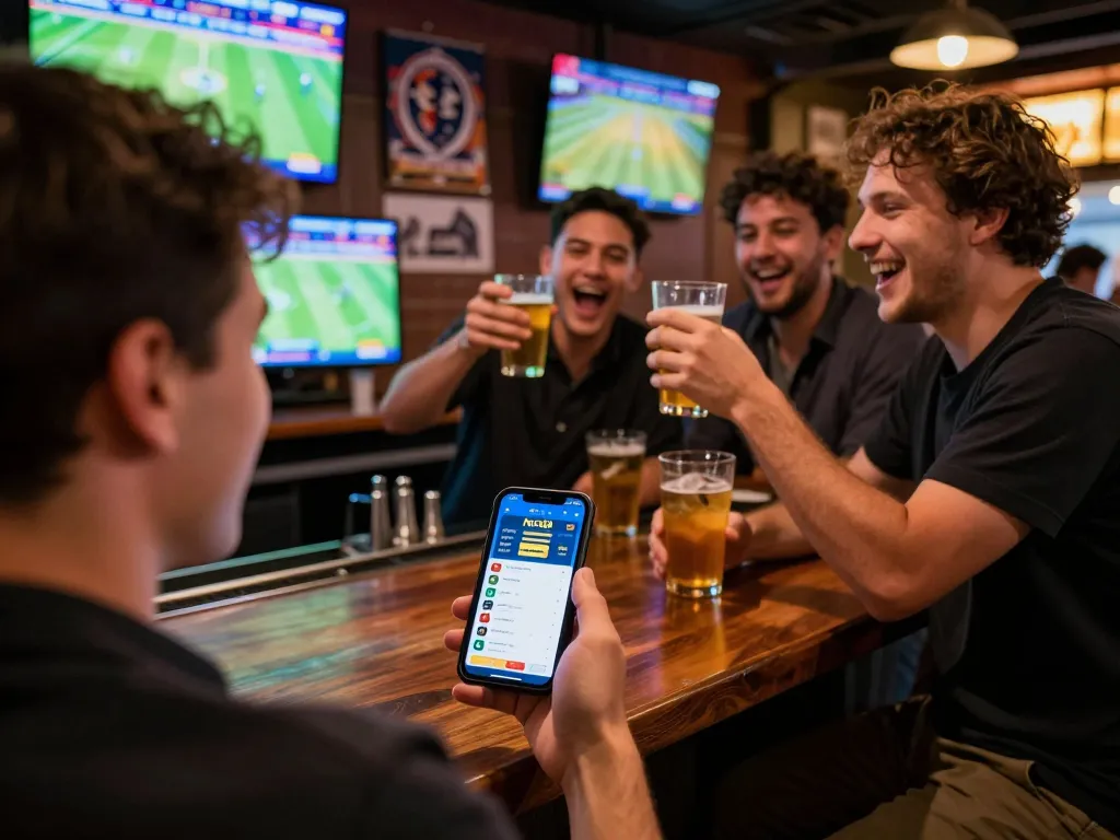 Engaging sports betting experience with Net88 app displayed at a lively bar, showcasing excitement and camaraderie