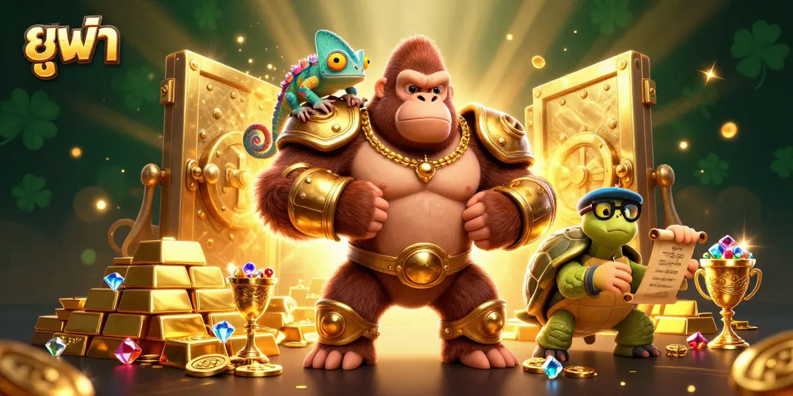 Experience thrilling adventures with ยูฟ่า as the gorilla king, chameleon spy, and wise tortoise explore golden treasures in a vibrant casino.