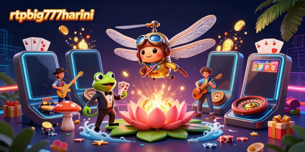 Experience the vibrant energy of rtpbig777hariini with a cartoon dragonfly pilot and dynamic casino elements.