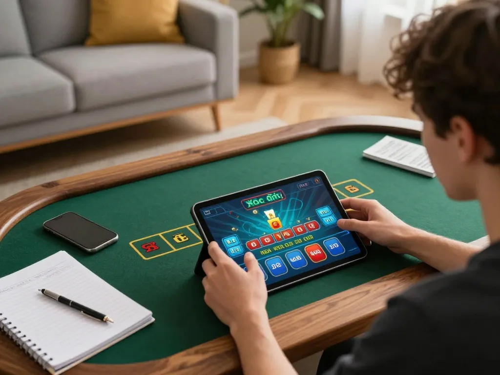 Xóc đĩa gameplay on a tablet in a stylish living room, enhancing online gaming experience.
