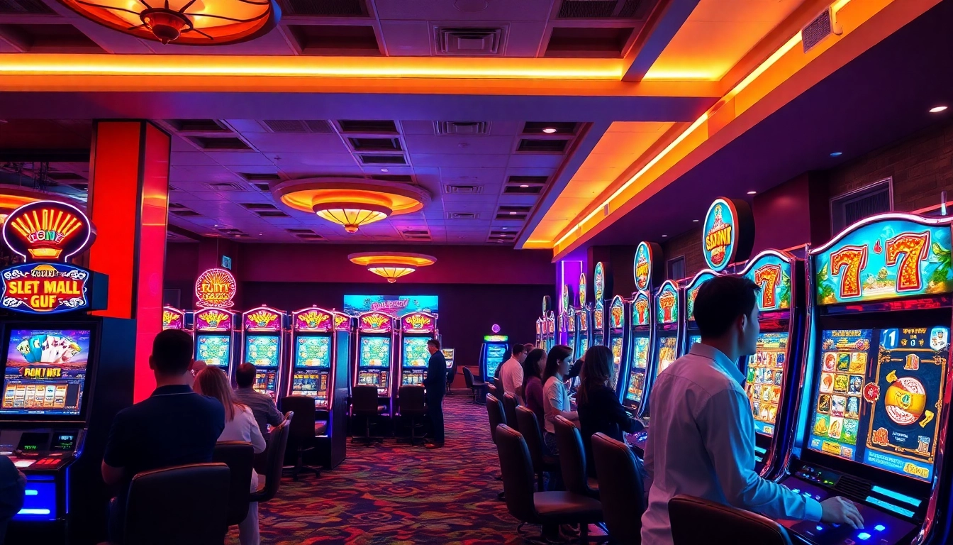 Permainan slot online yang menarik dengan mesin slot dan suasana kasino yang bersemangat.