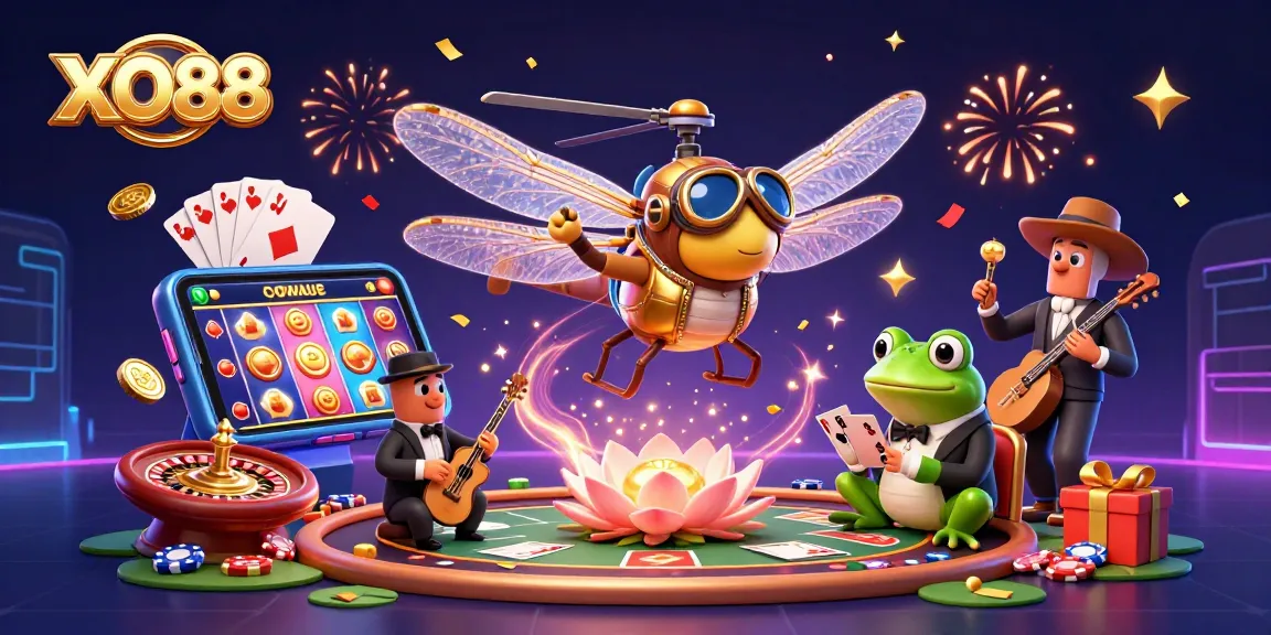 Experience the vibrant excitement of XO88 online casino featuring a whimsical dragonfly pilot and frog croupier.