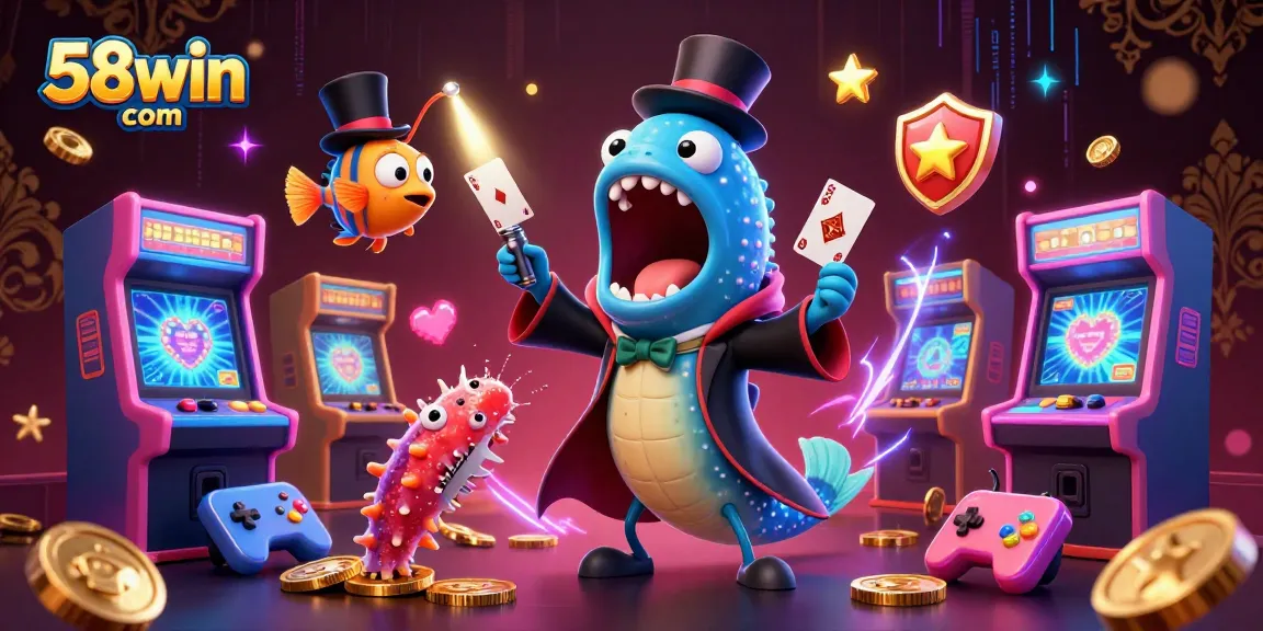 Engaging 3D scene showcasing the vibrant world of 58win com with playful characters and casino elements.