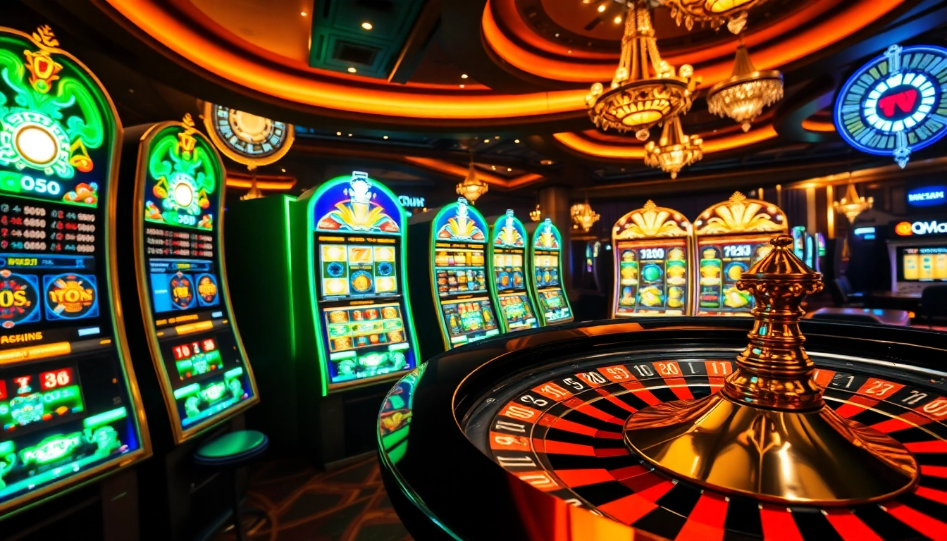 Engage with thrilling slot games at QQMacan, featuring beautifully designed machines and vibrant casino elements.