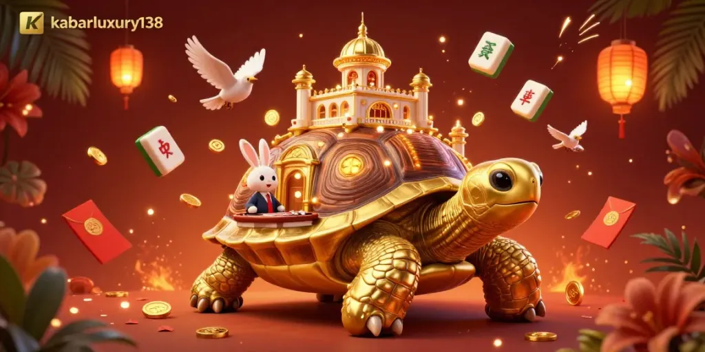 Experience kabarluxury138 with a dazzling 3D golden tortoise casino scene featuring a rabbit dealer and flying gold coins.