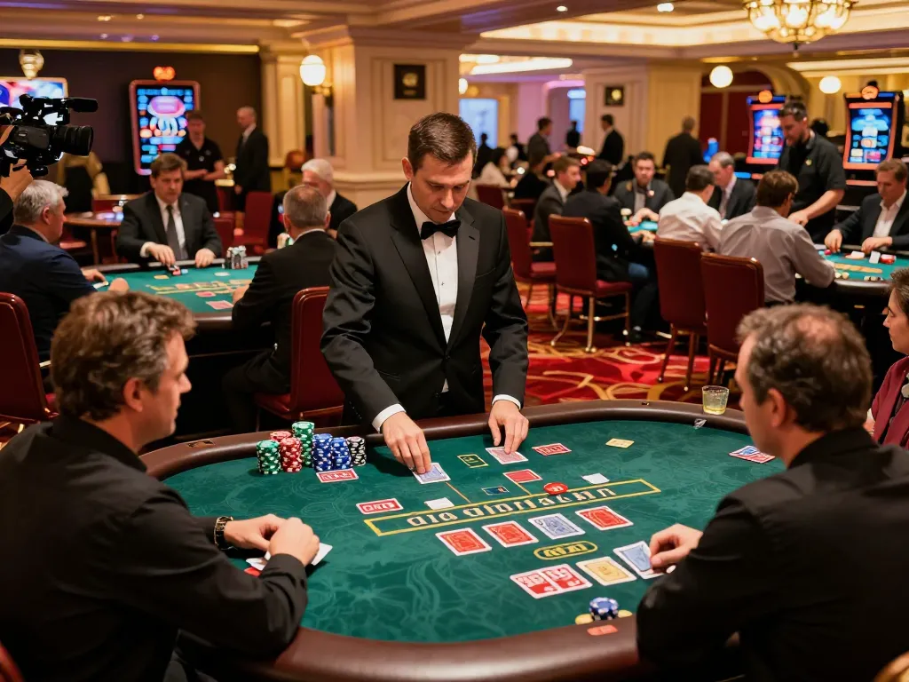 Luckyindex players making strategic bets at blackjack tables in a vibrant Vegas casino setting.