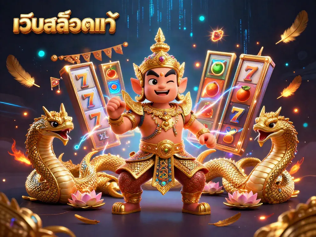 Engage with เว็บสล็อตแท้'s animated guardian and Naga serpent in a vibrant casino scene filled with slot game elements.
