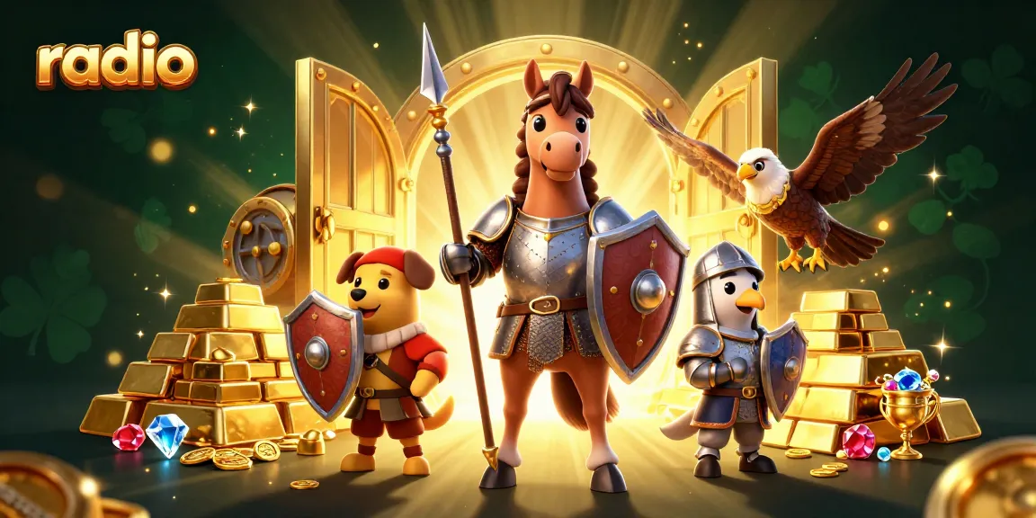 Engage with exciting casino games on radio, featuring a knight, puppy, and falcon amidst treasures.