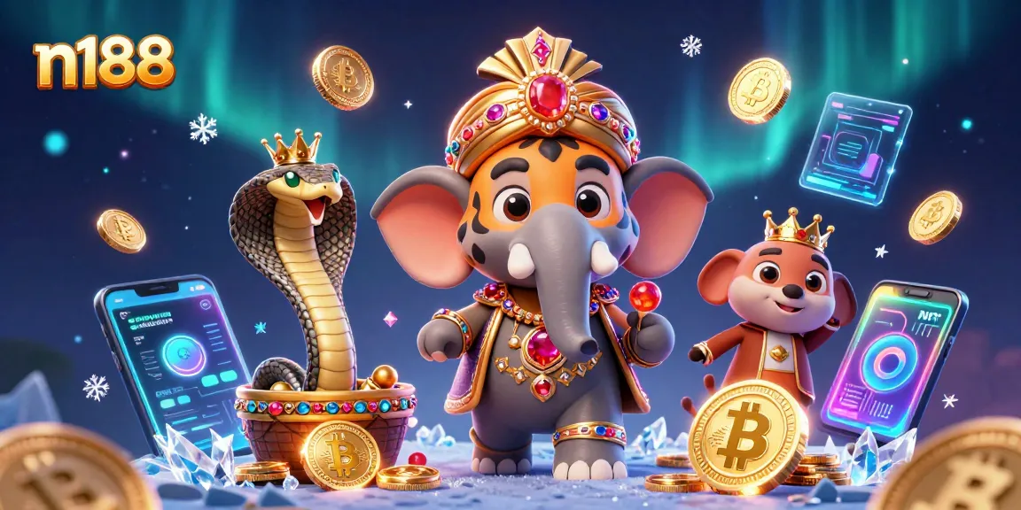 Engage with n188's thrilling casino experience illustrated through a vibrant 3D scene featuring a maharaja and an elephant amid crypto coins.