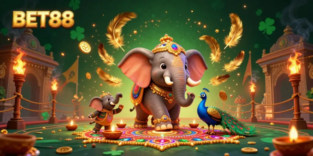 Experience the vibrant world of BET88 with a dynamic 3D casino scene featuring a colorful elephant and a peacock.
