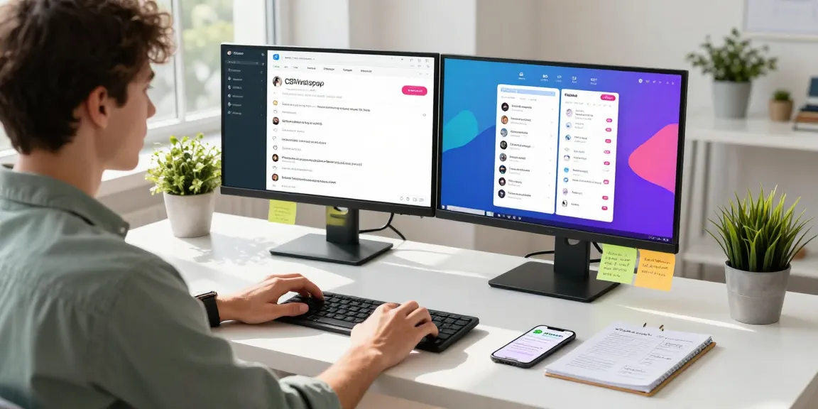Customizing GBWhatsApp features at a modern workspace with dual monitors and vibrant themes.