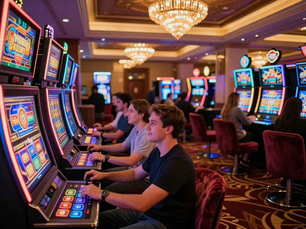 Engaged players enjoying the thrilling experience of playing tr88 slot machines in a vibrant casino