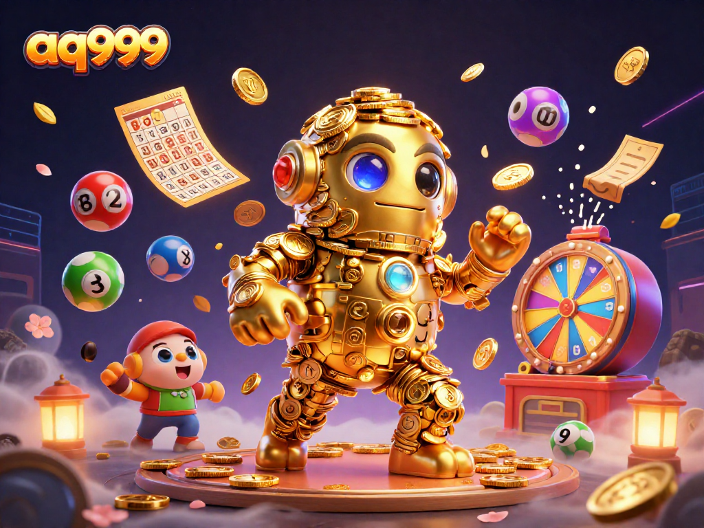 aq999 নিয়ে একটি তথ্যপূর্ণ গেমিং দৃশ্য, সোনালী গোলেম ও লটারির বলসহ।