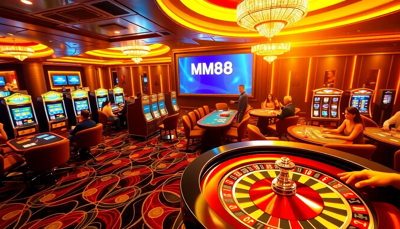Experience the excitement of MM88 with players enjoying poker and roulette in a luxurious casino setting.