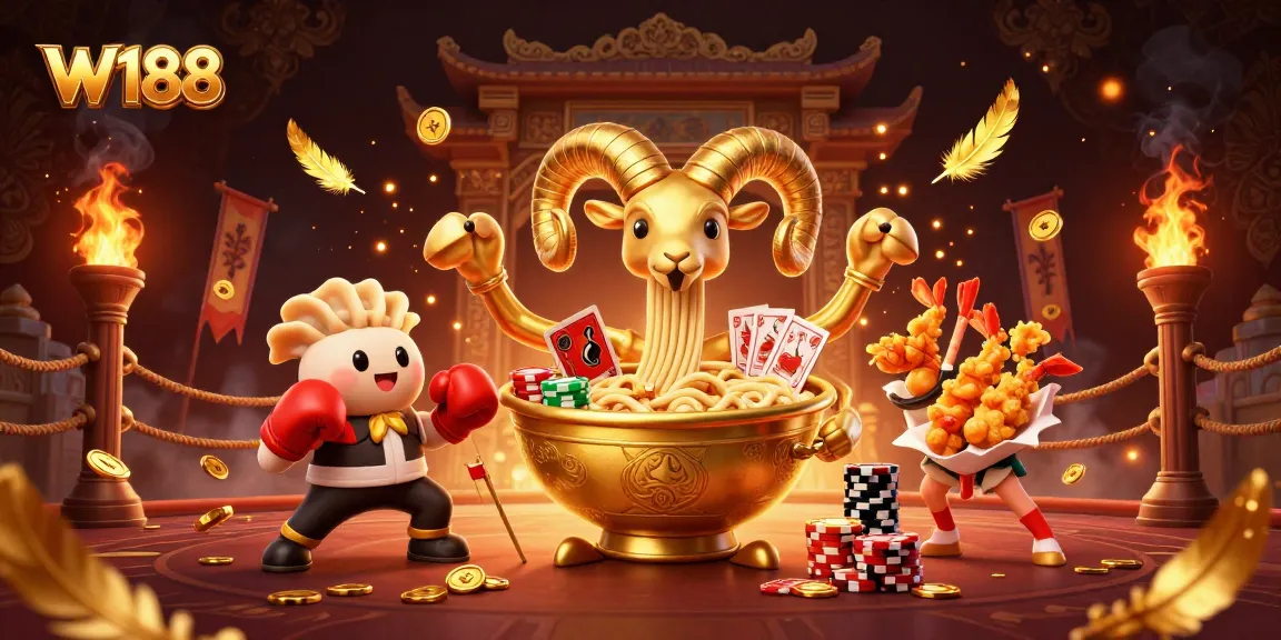 W188 welcomes players to the action with a dynamic casino scene featuring a giant ramen bowl and friends.