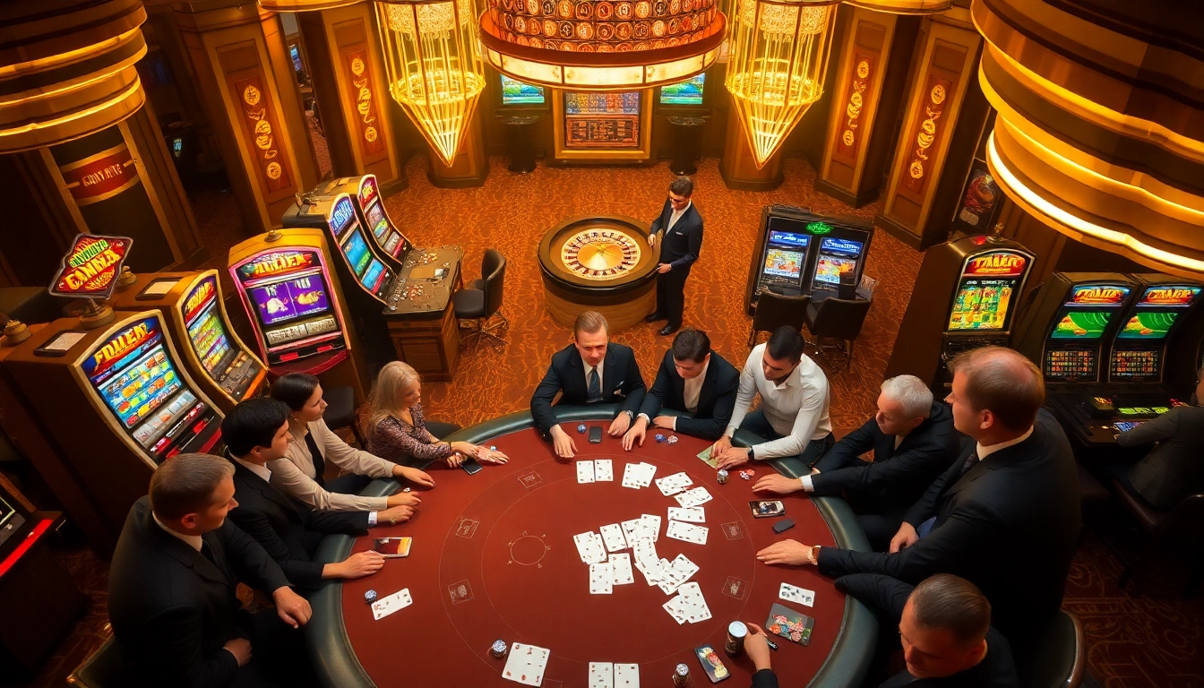 Excited players engaging in a poker game at XX88 casino with vibrant slot machines in view.