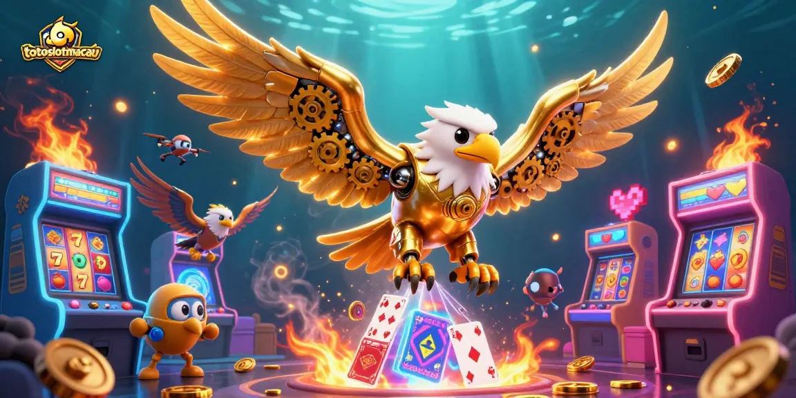 Engage with exciting wins at totoslotmacau, featuring a cybernetic eagle amidst holographic playing cards and vibrant casino elements.