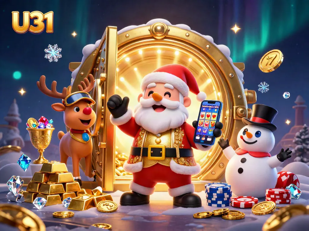 U31 players enjoy spinning jackpot slots with vibrant casino characters and magical treasures around.