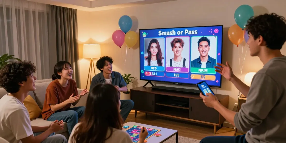 Friends playing Smash or Pass game with AI-generated images in a lively social setting.