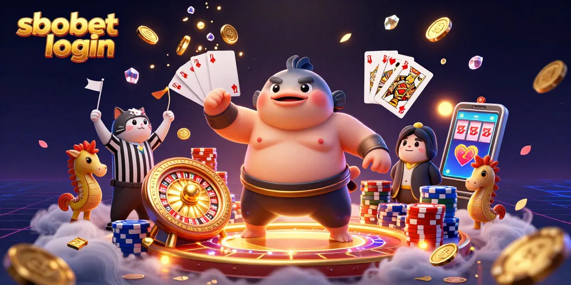 Experience sbobet login with engaging 3D cartoon characters in a dynamic casino scene.