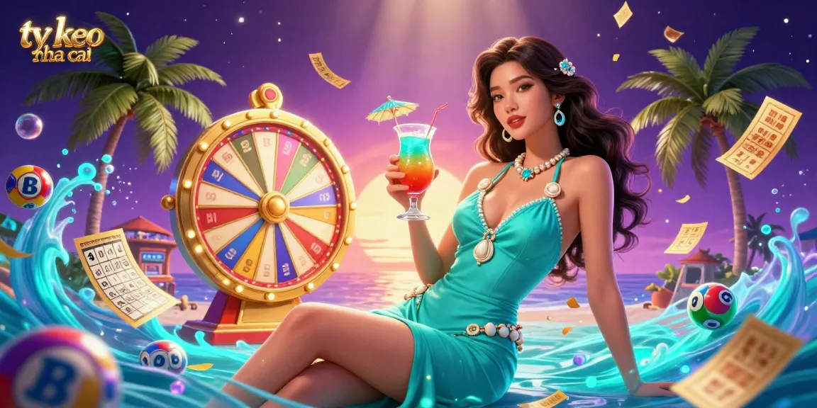Engage with ty le keo nha cai at a vibrant beach casino featuring colorful lottery balls, cocktails, and dynamic visuals.