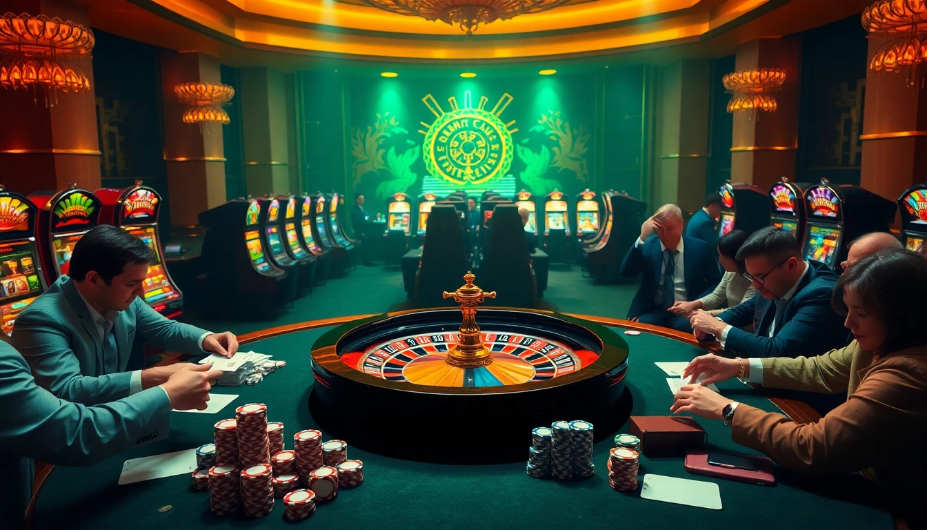 Feel the excitement of gambling at luxury138 with players engrossed at a vibrant roulette table surrounded by colorful poker chips.