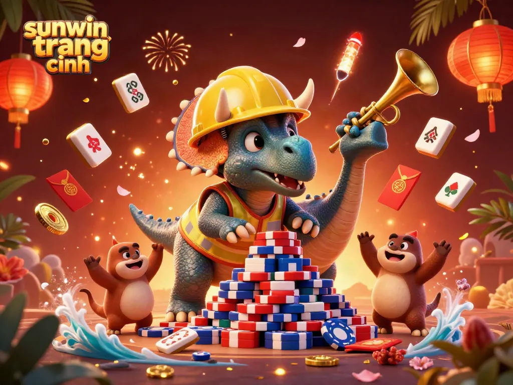 Celebrate with sunwin trang chính as triceratops builds a poker chip pyramid in a vibrant 3D casino scene.