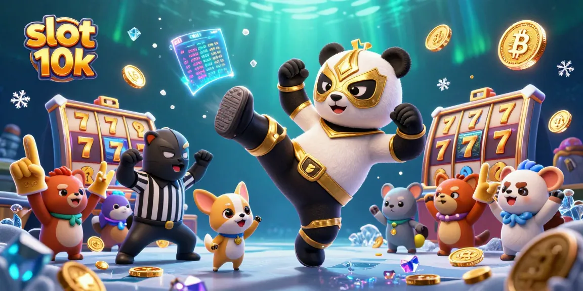 Engage with slot 10k action in an energetic scene featuring a panda wrestler and festive animal spectators.