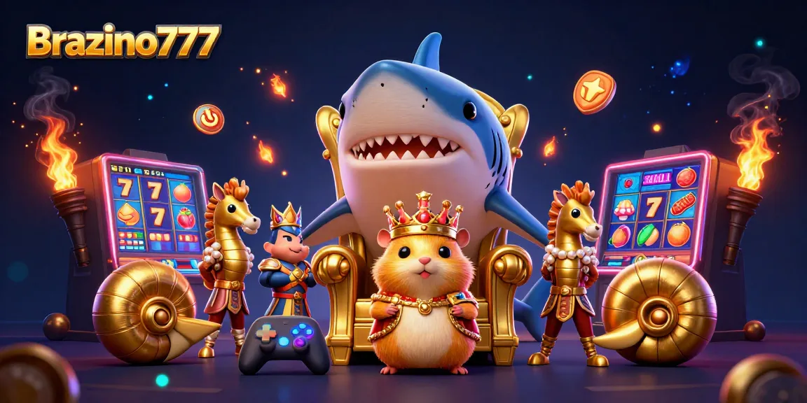 Brazino777 welcomes you to win big with a fierce golden hamster king surrounded by vibrant slot machines and attentive royal guards.