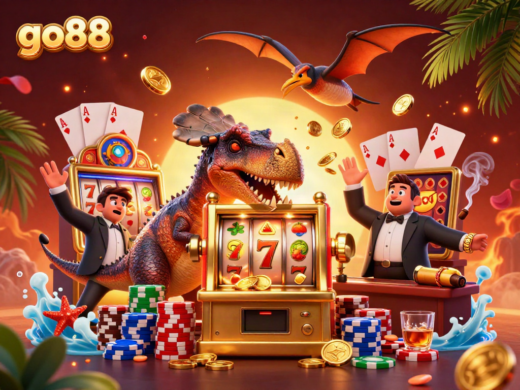 Experience go88's thrilling jackpot moments with a dinosaur winning coins at a casino.
