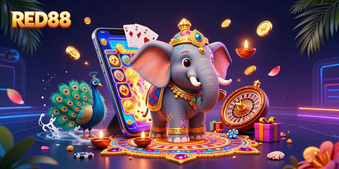 Engage in vibrant gambling at RED88 with slots, golden coins, and festive characters.
