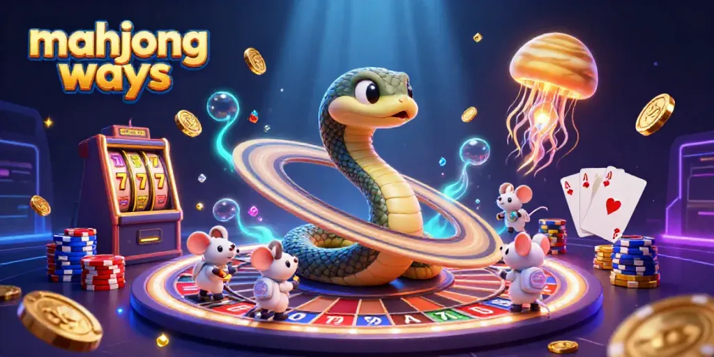 Mesin slot "mahjong ways" dan dealer dealer kosmik dalam ilustrasi 3D ceria.
