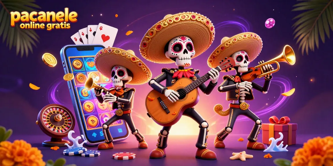 Joacă păcănele online gratis cu bandă mariachi și simboluri de jocuri în această ilustrație vibrantă.