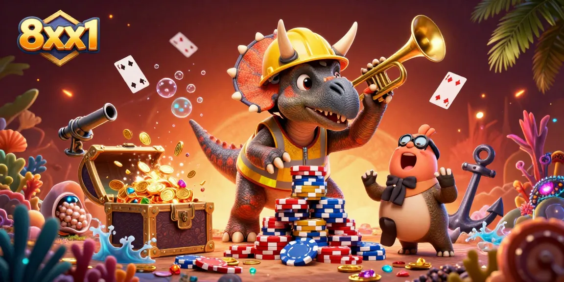 Play and win with 8xx1 in this vibrant 3D casino-themed celebration filled with colorful gems and poker chips.