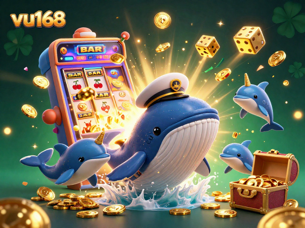 Engage with exciting games at vu168, featuring a whimsical whale and playful dolphins among golden treasures.