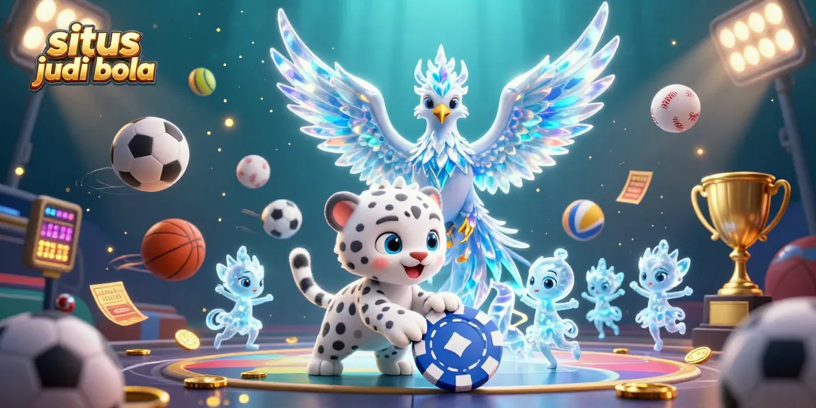 Engaging scene showcasing situs judi bola with an ice phoenix, leopard cub, and dynamic sports elements.