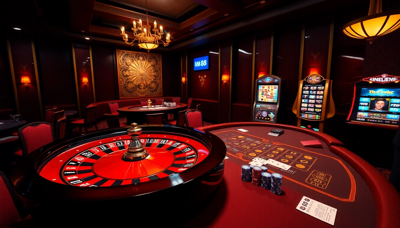 Experience luxury gambling at MM 88 with a vibrant roulette wheel and elegant poker table.