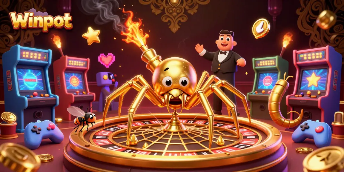 Winpot players enjoy a lively casino scene with a golden spider and centipede croupier, interactive gaming elements spark with excitement.