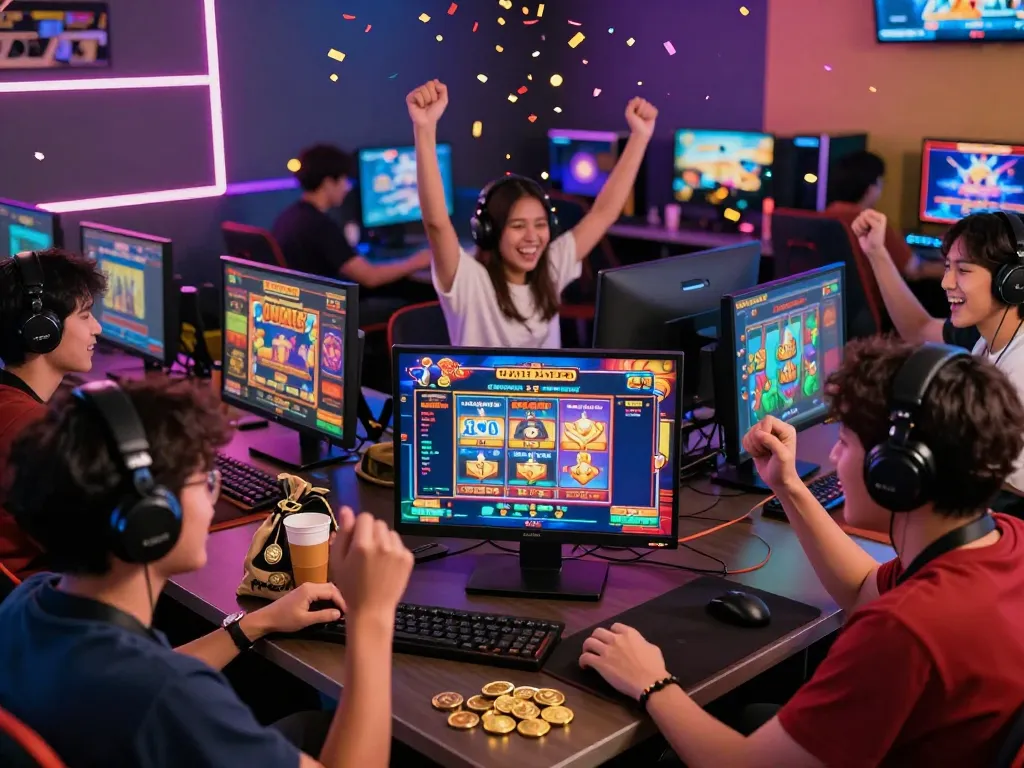 Engaged players enjoying slot gacor games on devices in a lively gaming scene with digital celebrations.